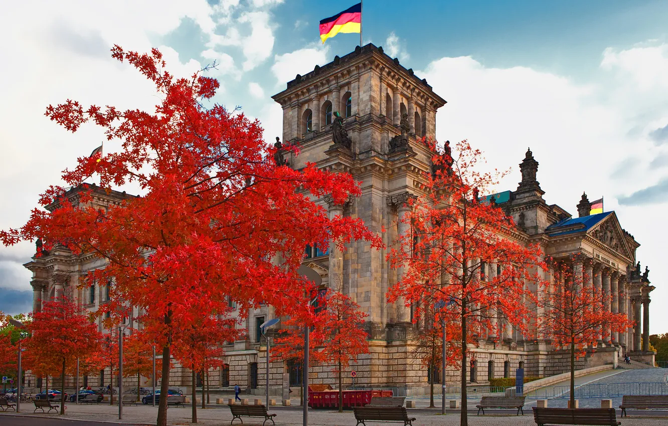 Photo wallpaper autumn, the sky, leaves, trees, Germany, bench, Berlin, the Reichstag