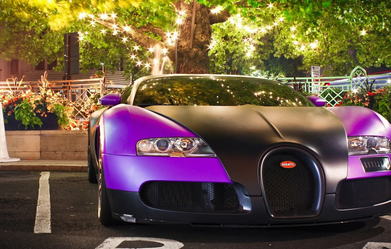 Photo wallpaper light, trees, lights, Bugatti, Veyron, supercar, Bugatti, the front