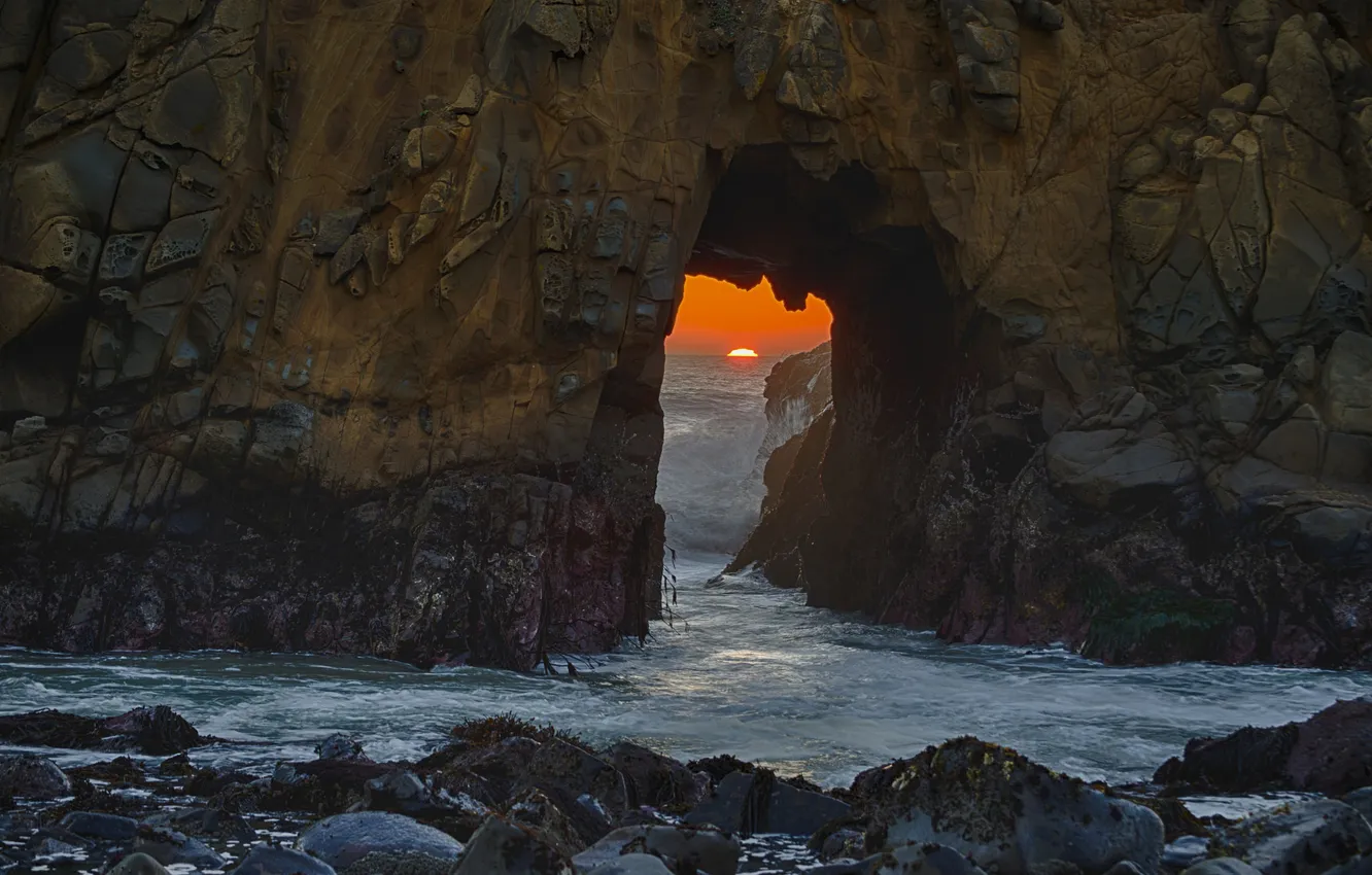 Photo wallpaper Pacific Ocean, sunset, California, Big Sur, natural bridge, Pfeiffer State Beach