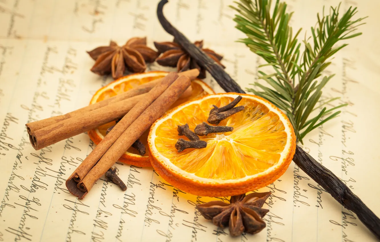 Photo wallpaper orange, sticks, cinnamon, vanilla, Dry, spices, star anise, Anis