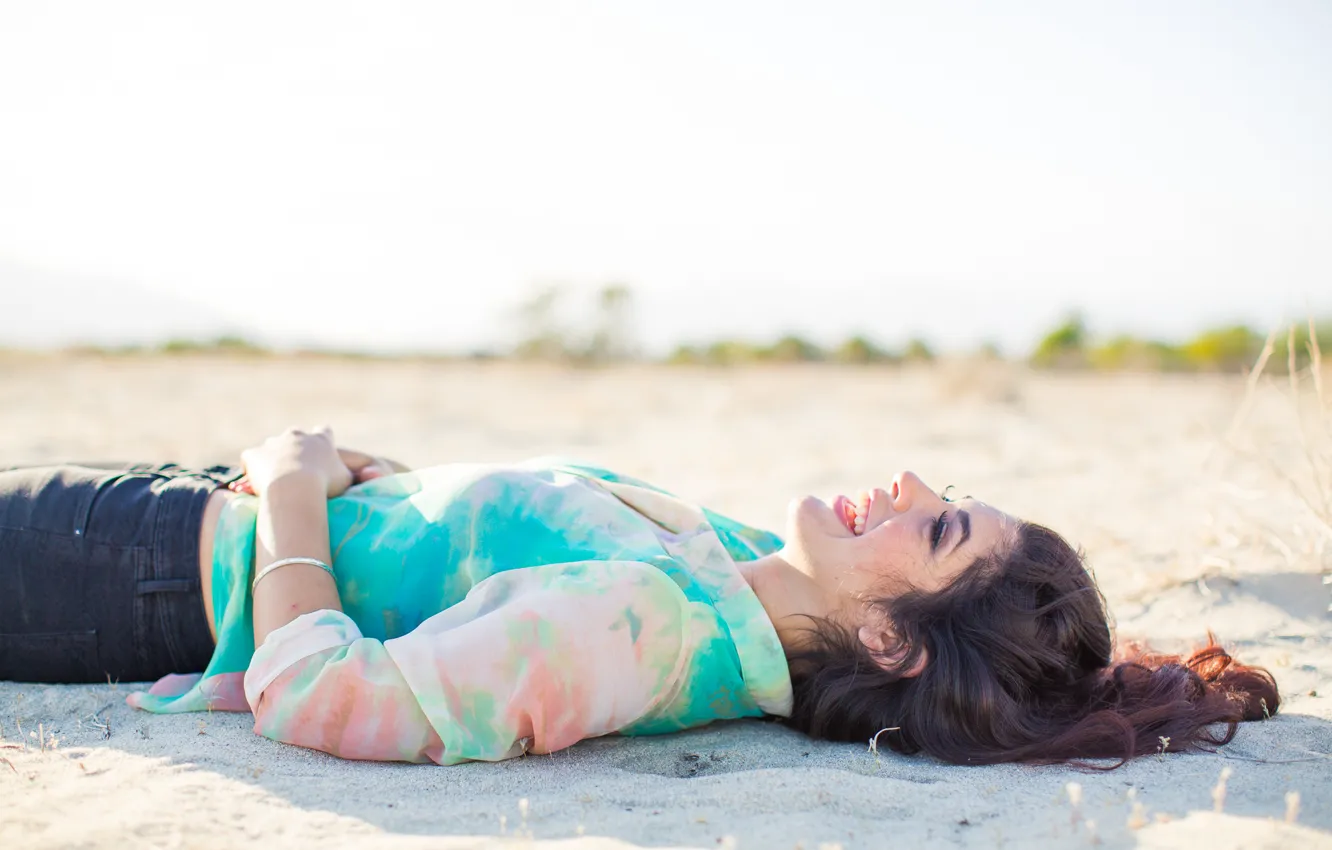 Photo wallpaper sand, girl, joy, laughter, brunette, lies, Eva, Eva