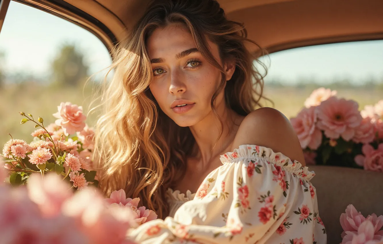 Photo wallpaper look, girl, flowers, hair, car, salon, digital art, AI art