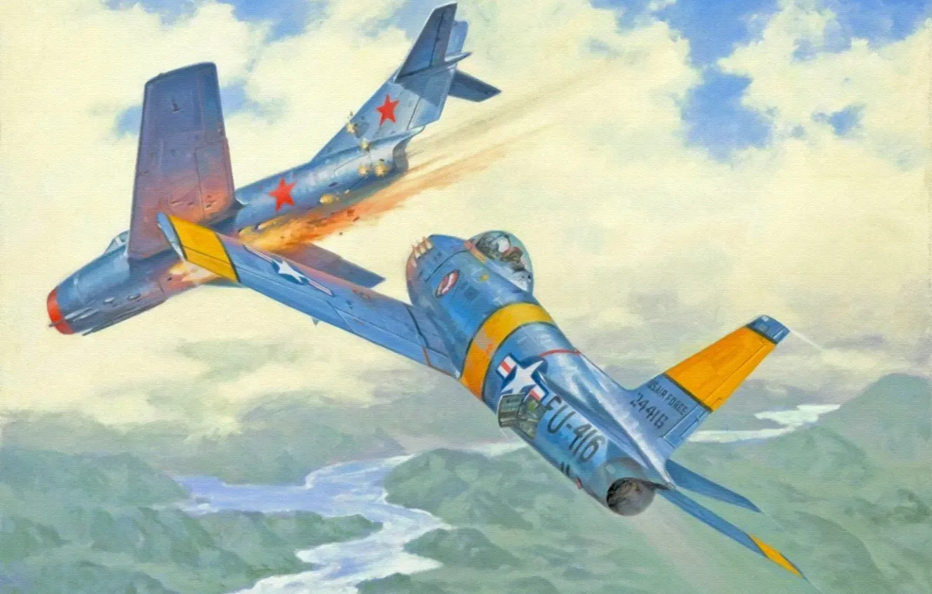 Photo wallpaper war, art, painting, aviation, korea, dogfight, jets, F-86 Sabre