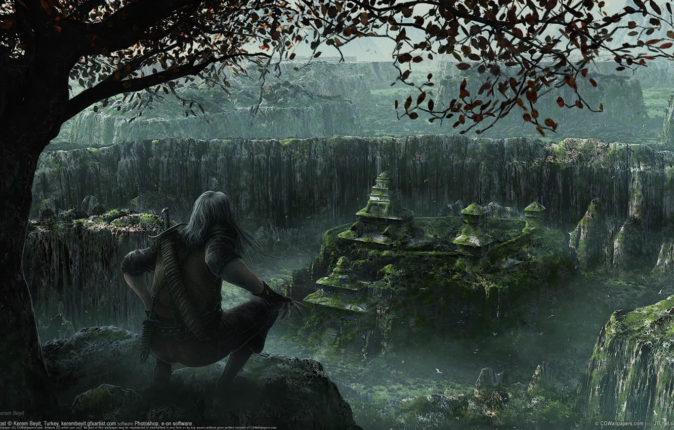 Photo wallpaper mountains, night, the city, fantasy, warrior, Kerem Couplets