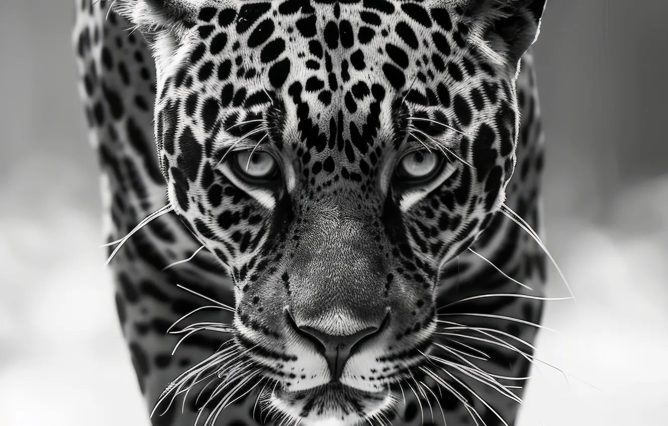 Photo wallpaper look, face, predator, Jaguar, black and white, front, big cat, digital art