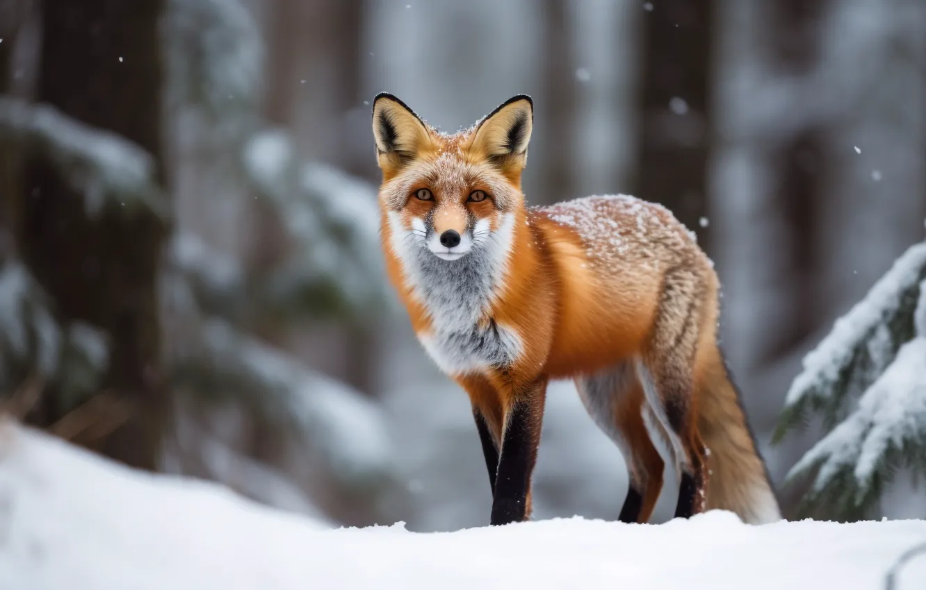 Photo wallpaper winter, look, snow, ate, Fox, the snow, snowfall, digital art