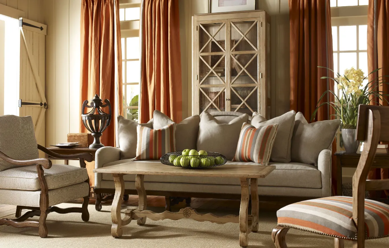 Photo wallpaper design, style, interior, colors, country, living room, decoration