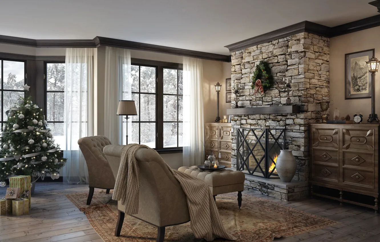Photo wallpaper room, Villa, tree, gifts, fireplace
