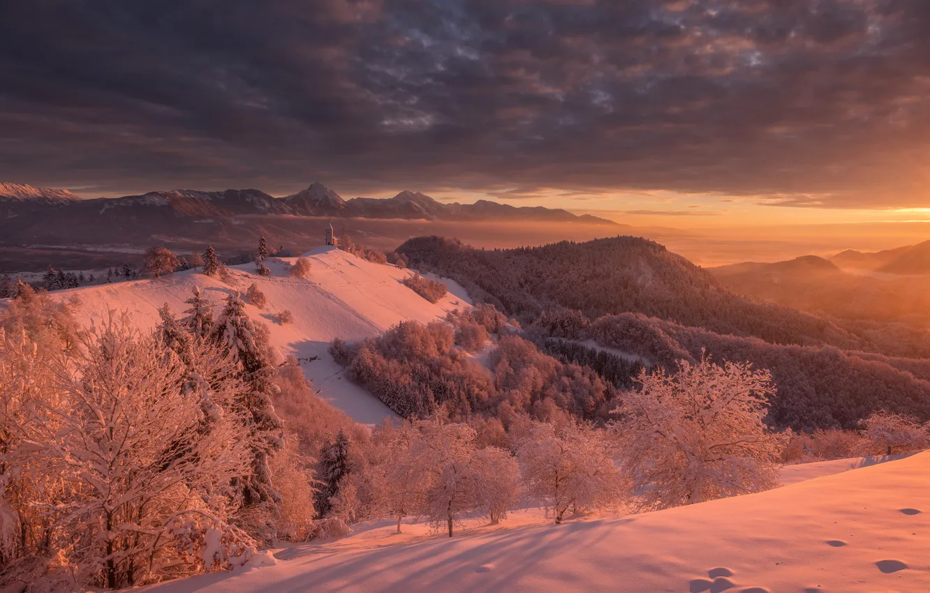 Photo wallpaper winter, snow, trees, sunset, mountains, Church, Slovenia, Slovenia