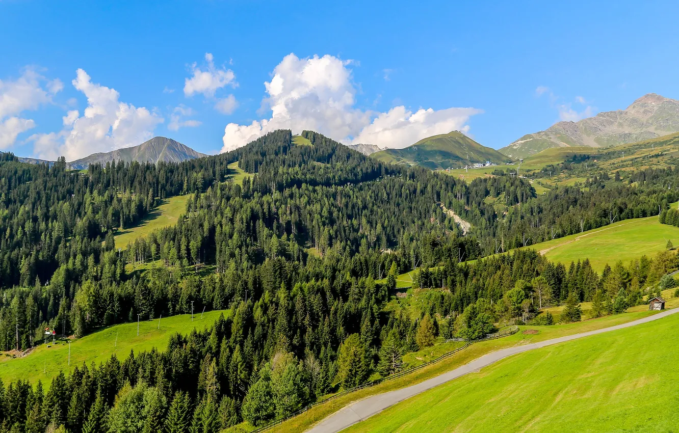 Photo wallpaper road, greens, field, forest, summer, the sky, clouds, mountains