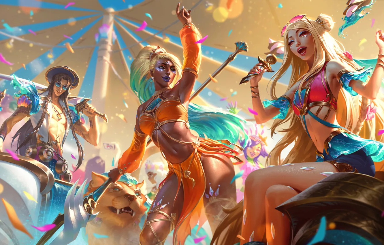 Photo wallpaper swimsuit, art, glasses, costume, microphone, staff, legs, blade