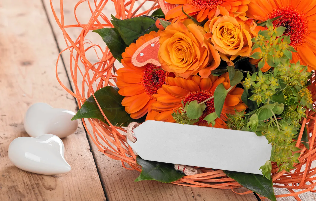 Photo wallpaper flowers, roses, bouquet, love, gerbera, wood, romantic, hearts