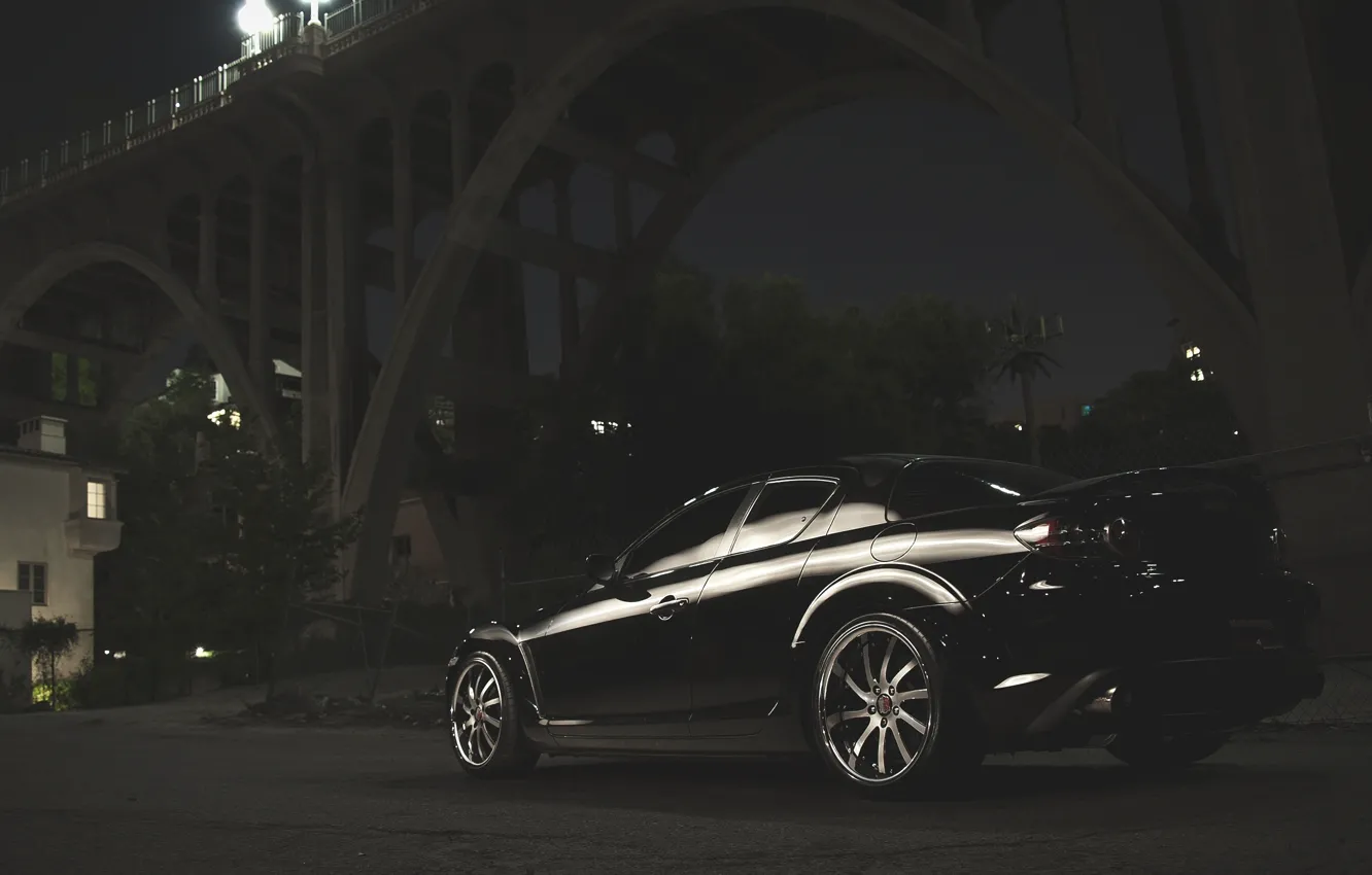 Photo wallpaper Bridge, Night, Street, Mazda, Black, Mazda, Black, RX-8