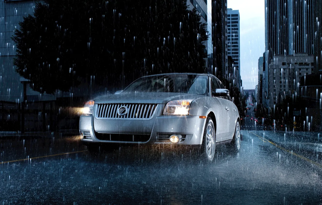 Photo wallpaper road, drops, machine, city, the city, rain, road, mercury sable rain