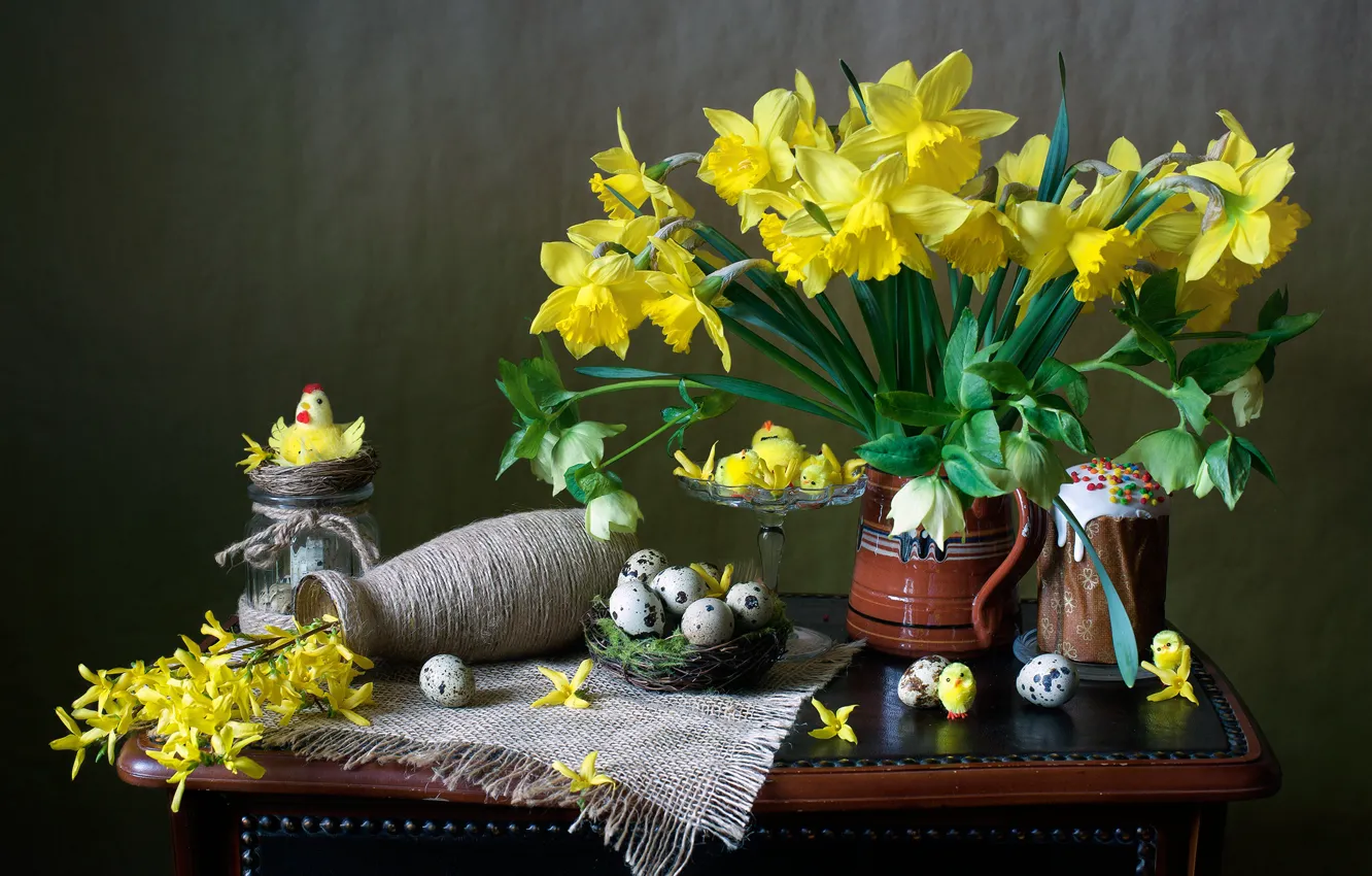 Photo wallpaper flowers, holiday, toys, chickens, Easter, mug, still life, table