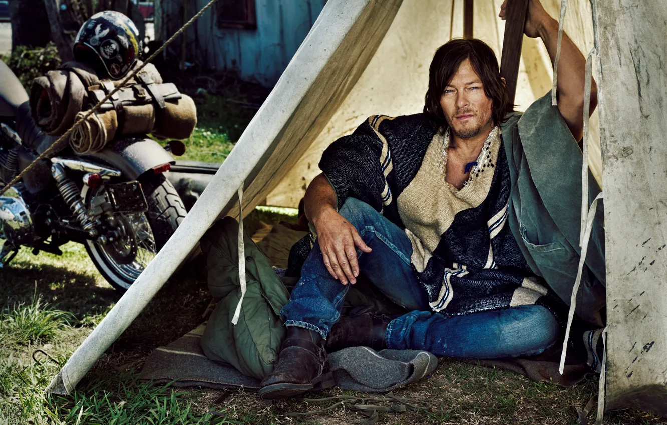 Photo wallpaper photo, jeans, motorcycle, actor, tent, biker, Norman Reedus, Norman Reedus