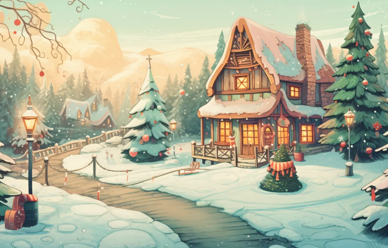 Photo wallpaper winter, snow, holiday, graphics, tree, new year, home, Christmas