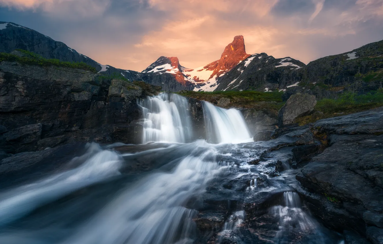 Photo wallpaper mountains, river, waterfall, Norway, cascade, Norway, Romsdalen, Romsdalen