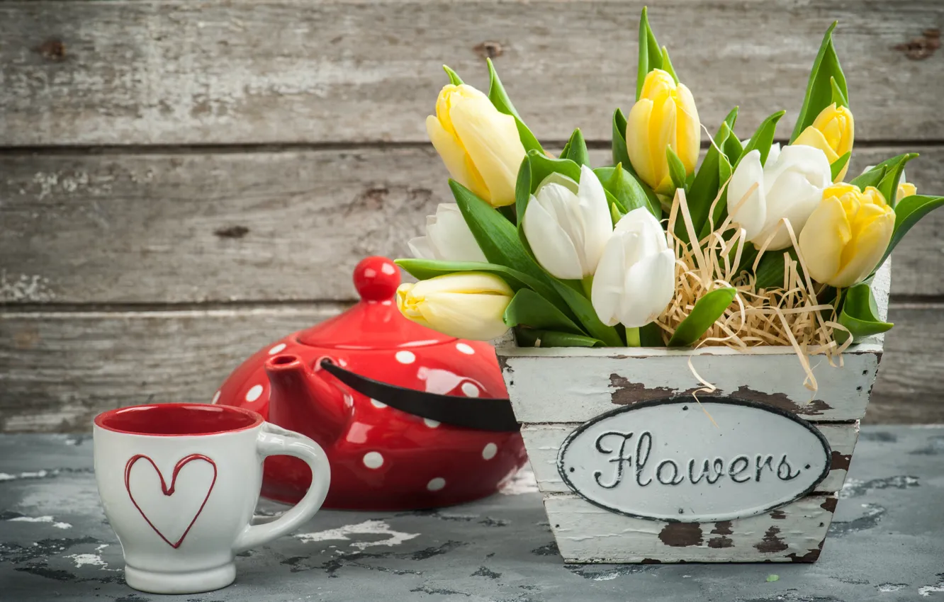 Photo wallpaper flowers, red, style, bouquet, kettle, Cup, tulips, THE OFF