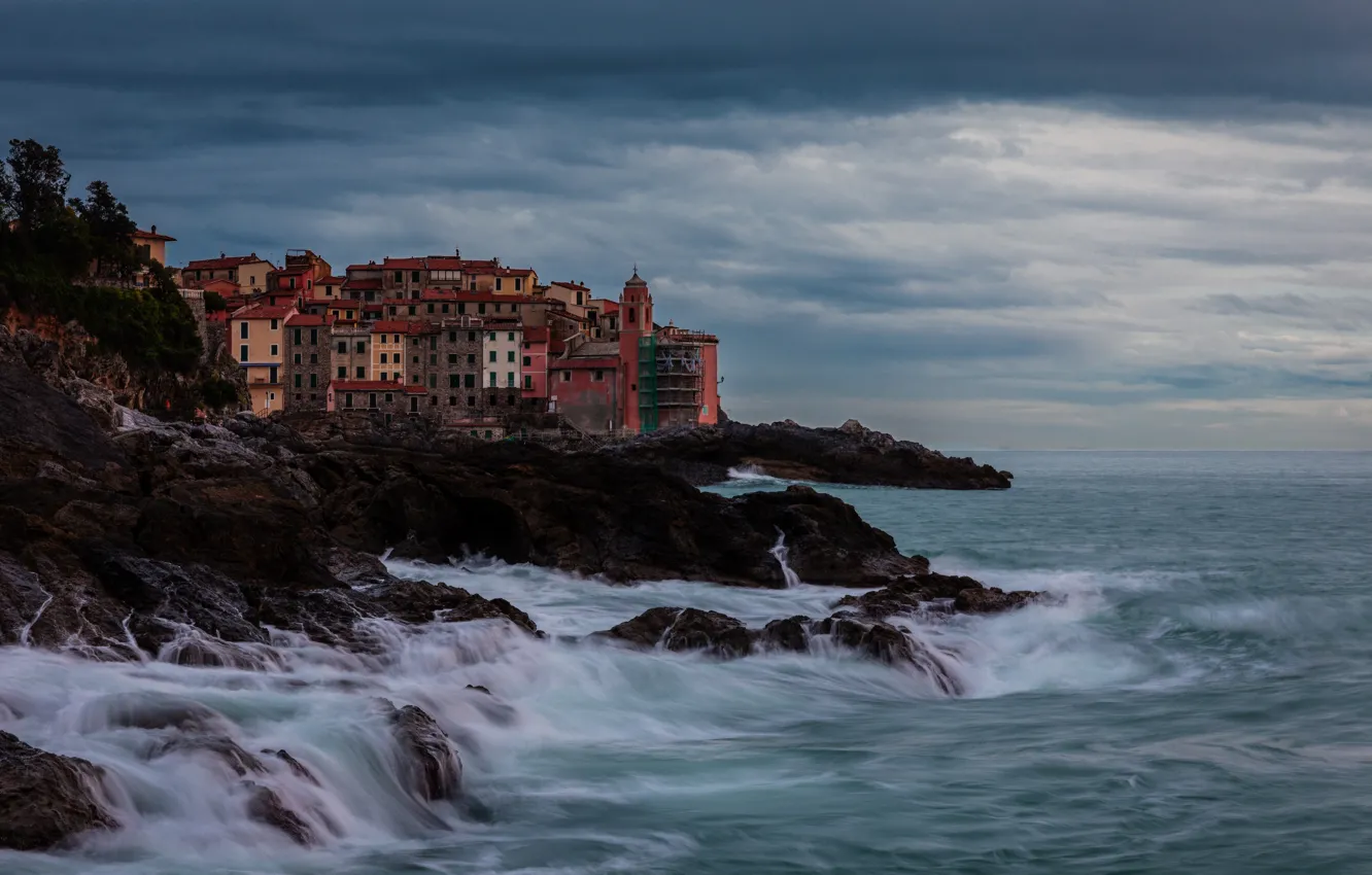 Photo wallpaper sea, rocks, coast, home, Italy, surf, Italy, Liguria