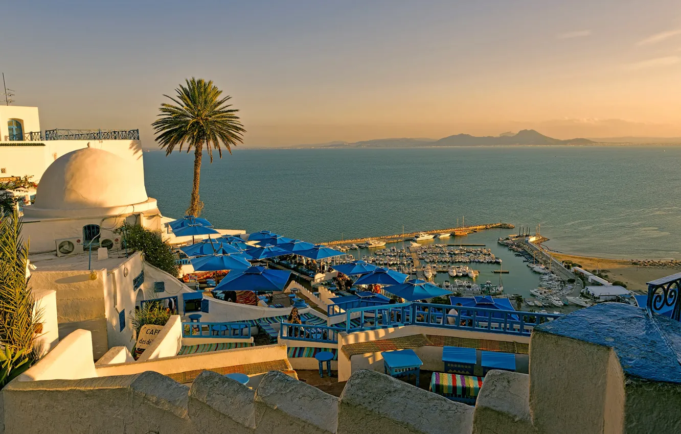 Photo wallpaper sea, beach, summer, the sky, sunset, island, the hotel, Tunisia