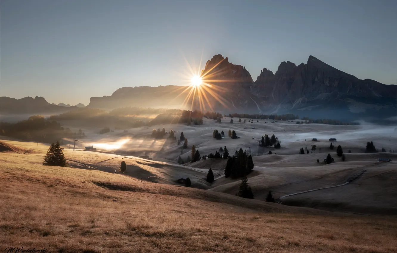 Photo wallpaper Italy, Dolomites, Alpe di Siusi, sunrise star