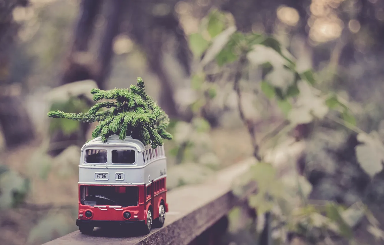 Photo wallpaper toy, bus, bokeh, model, spruce branches