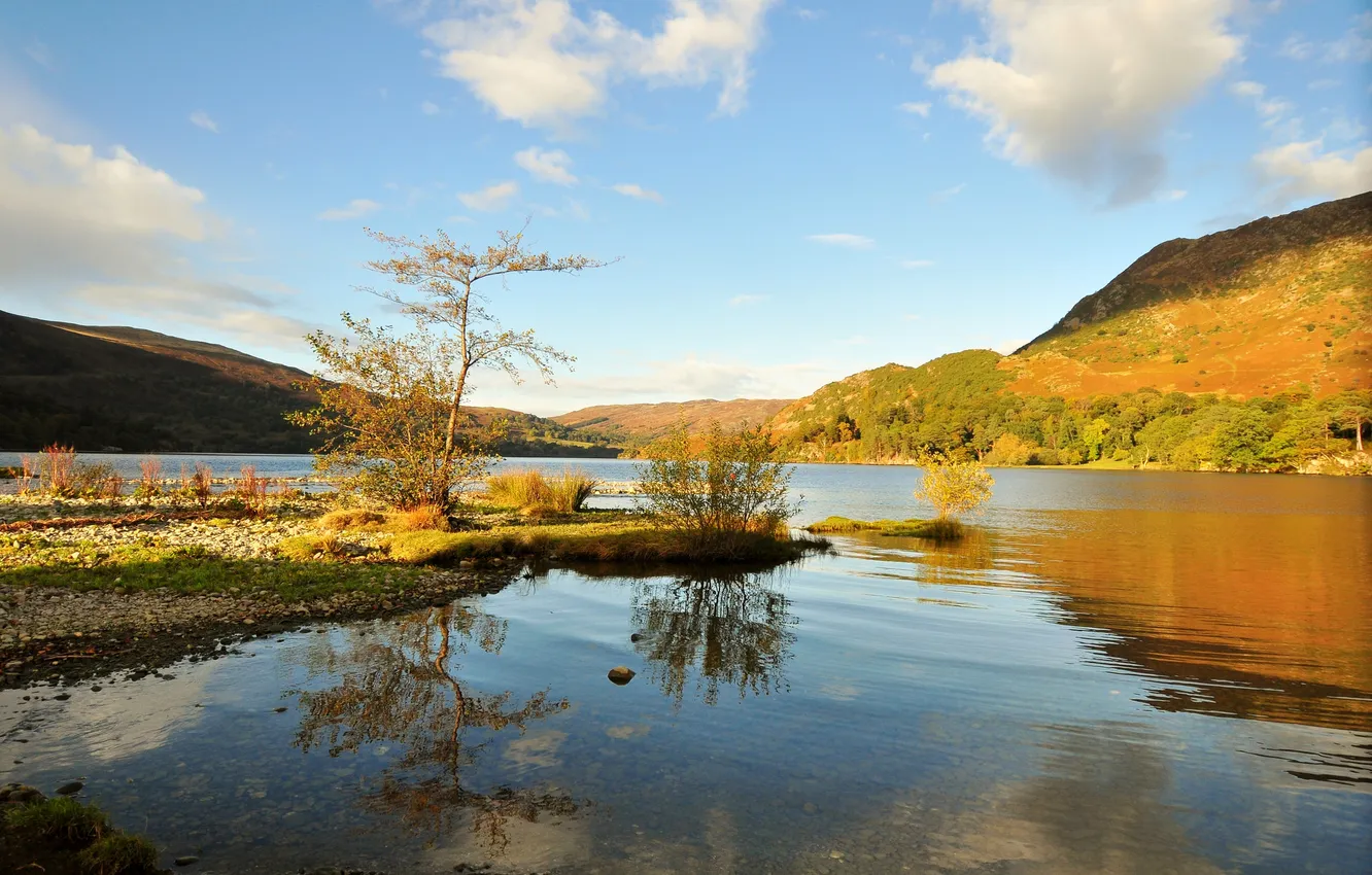 Photo wallpaper the sky, clouds, trees, mountains, lake, stones