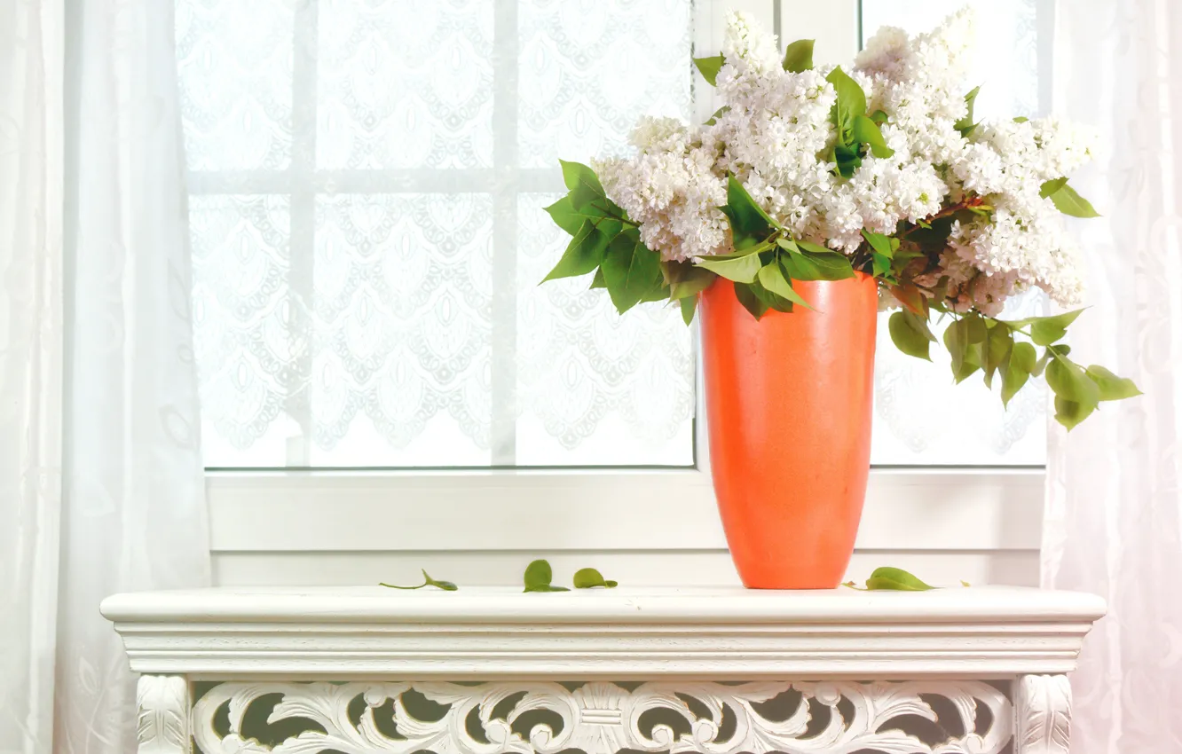 Photo wallpaper flowers, bouquet, window, vase, lilac