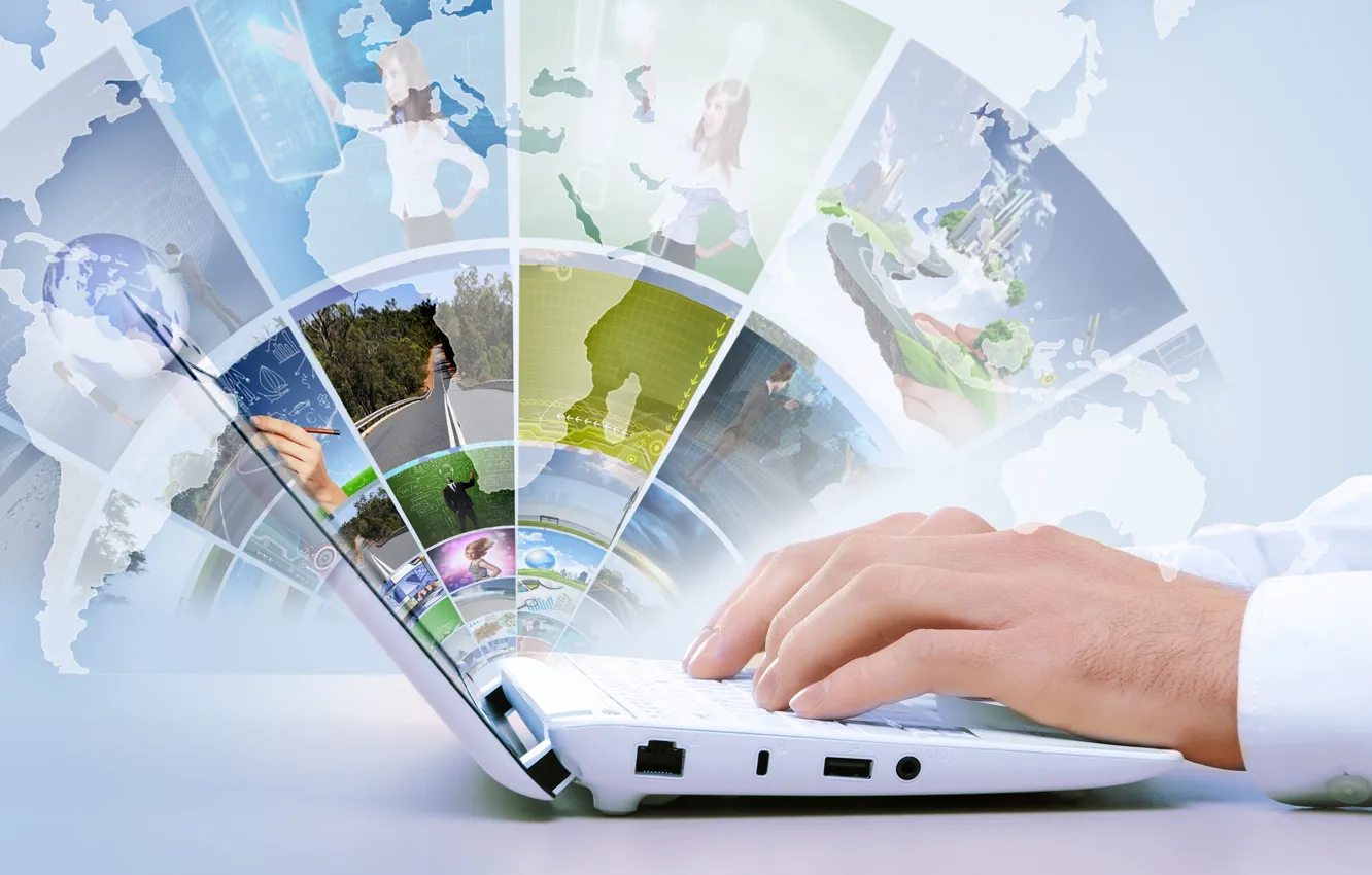 Photo wallpaper map, technology, hands, laptop, Internet, hi-tech