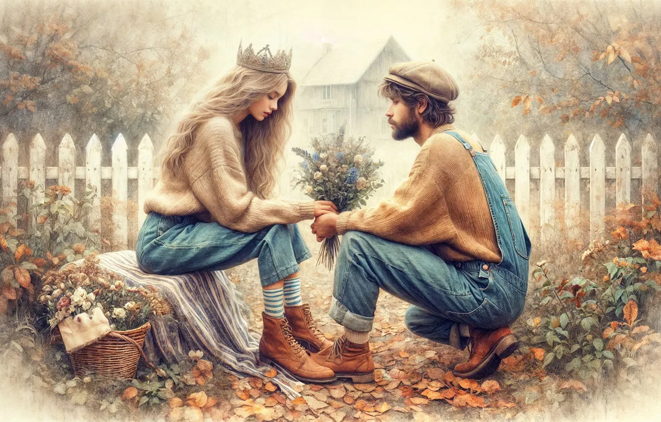 Photo wallpaper autumn, girl, love, flowers, nature, pose, fog, foliage