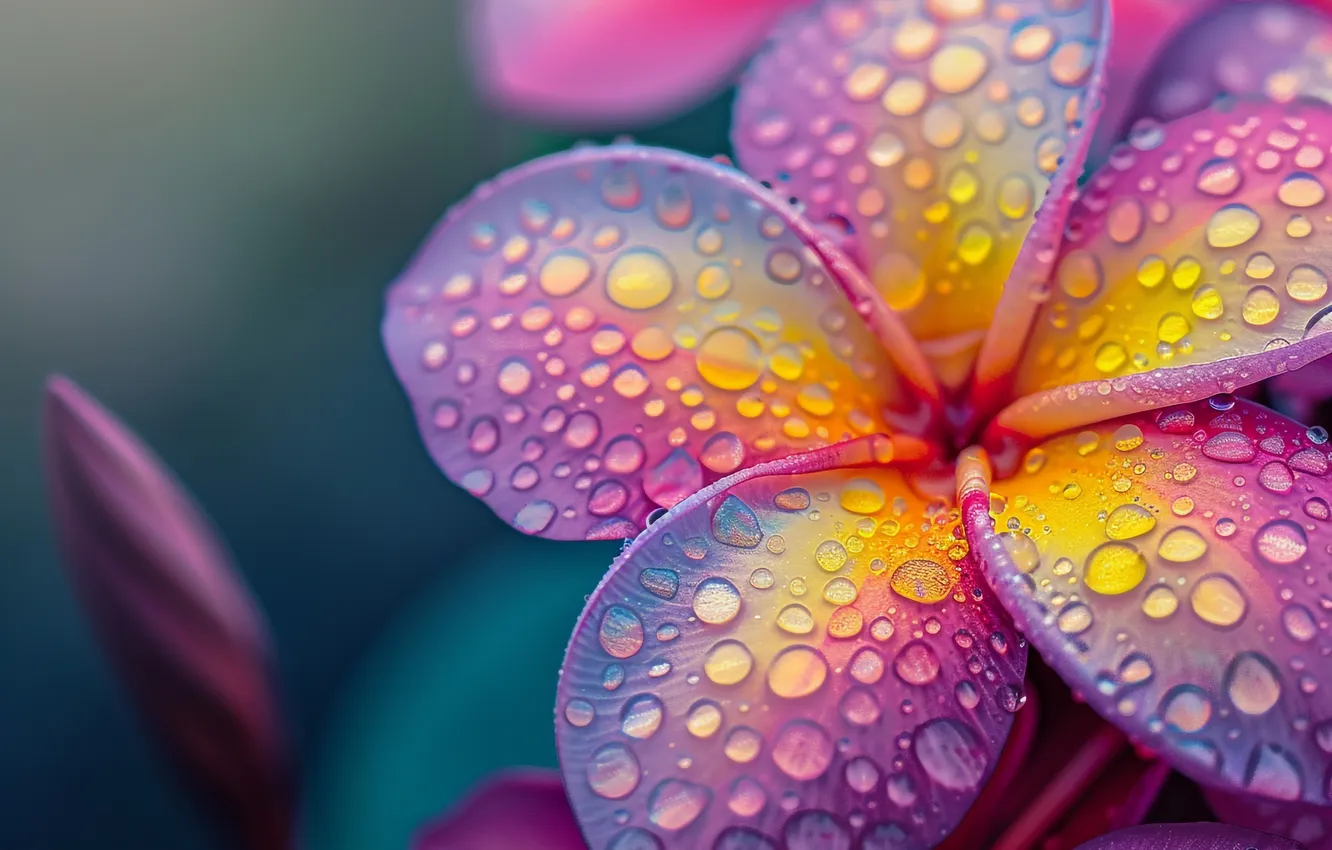 Photo wallpaper drops, macro, flowers, yellow, petals, lilac, bokeh, plumeria