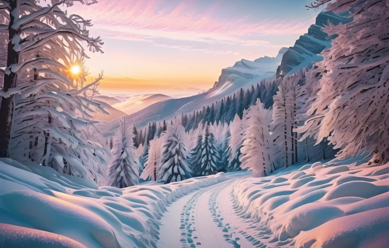 Photo wallpaper winter, frost, road, forest, the sky, clouds, snow, trees