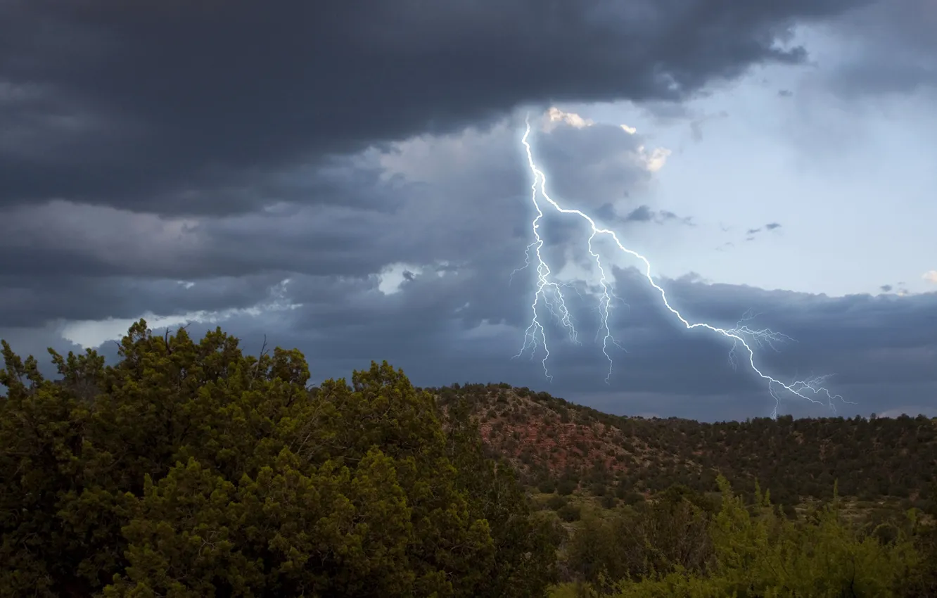 Photo wallpaper the storm, the sky, trees, clouds, overcast, hills, lightning, bad weather