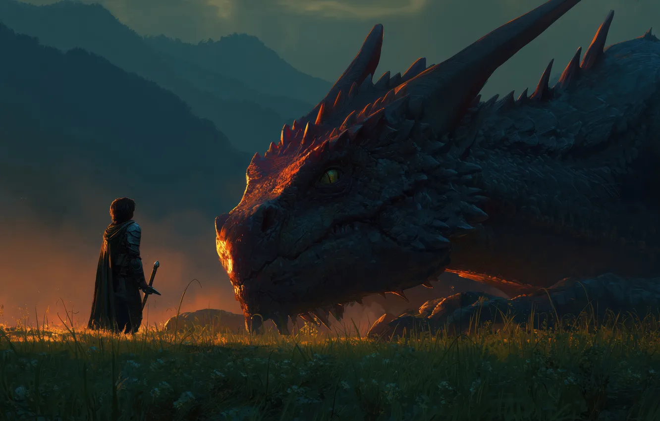 Photo wallpaper sword, dragon, warrior, fantasy art, Illustration, knight, golden hour