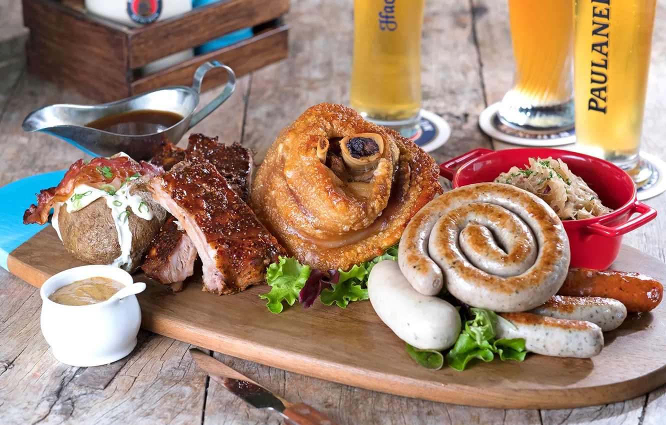 Photo wallpaper beer, meat, sauce, sausage, cuts