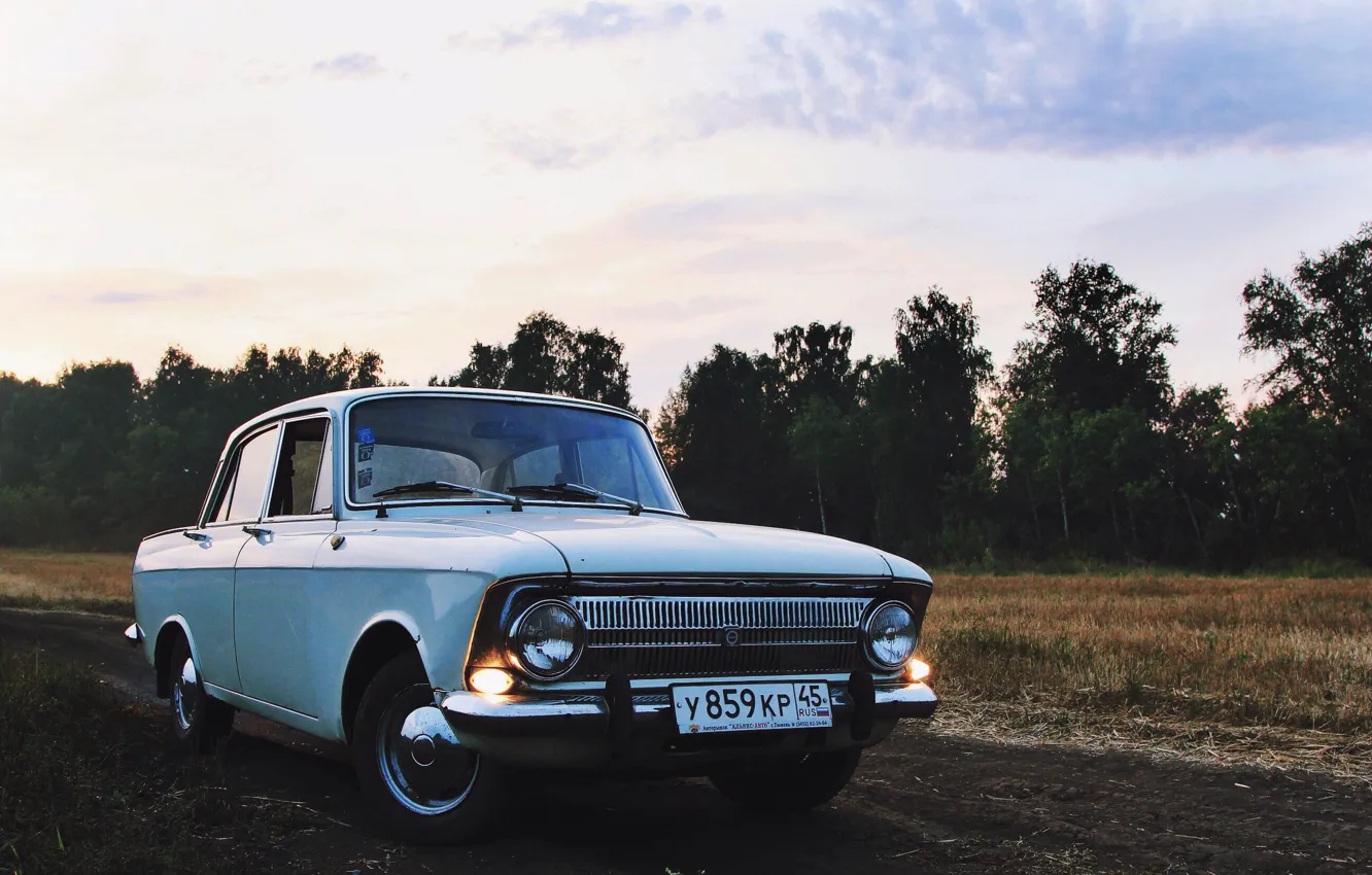 Photo wallpaper field, forest, the sky, nature, retro, the evening, car, 412