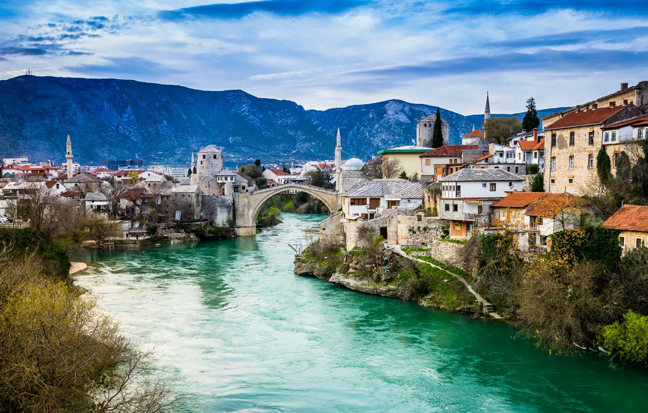 Photo wallpaper mountains, bridge, river, building, home, Bosnia and Herzegovina, Mostar, Mostar