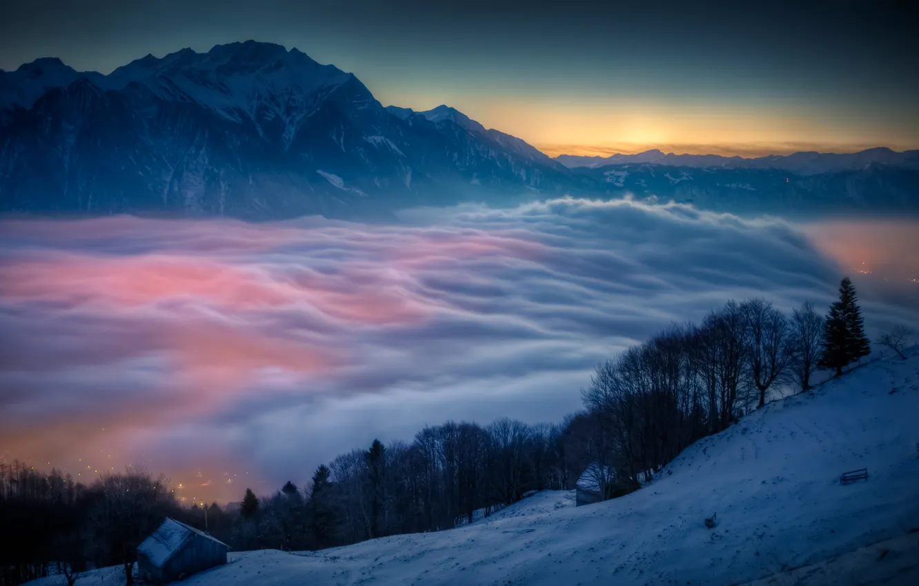 Photo wallpaper rock, sky, trees, landscape, nature, Mountain, snow, fog