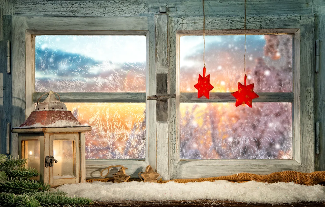 Photo wallpaper winter, glass, branches, fire, holiday, patterns, toys, candle