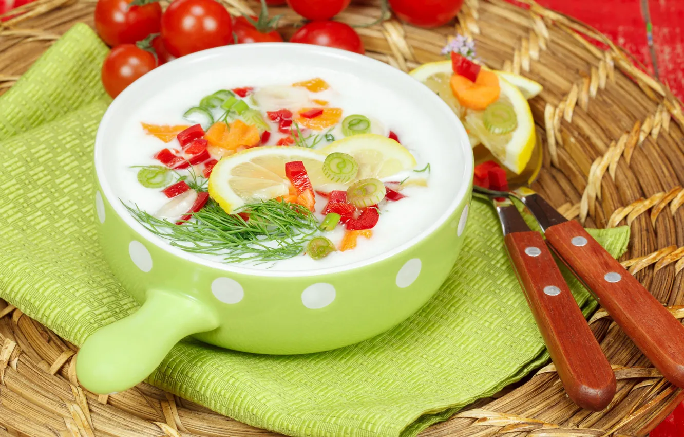 Photo wallpaper pan, vegetables, yogurt, hash