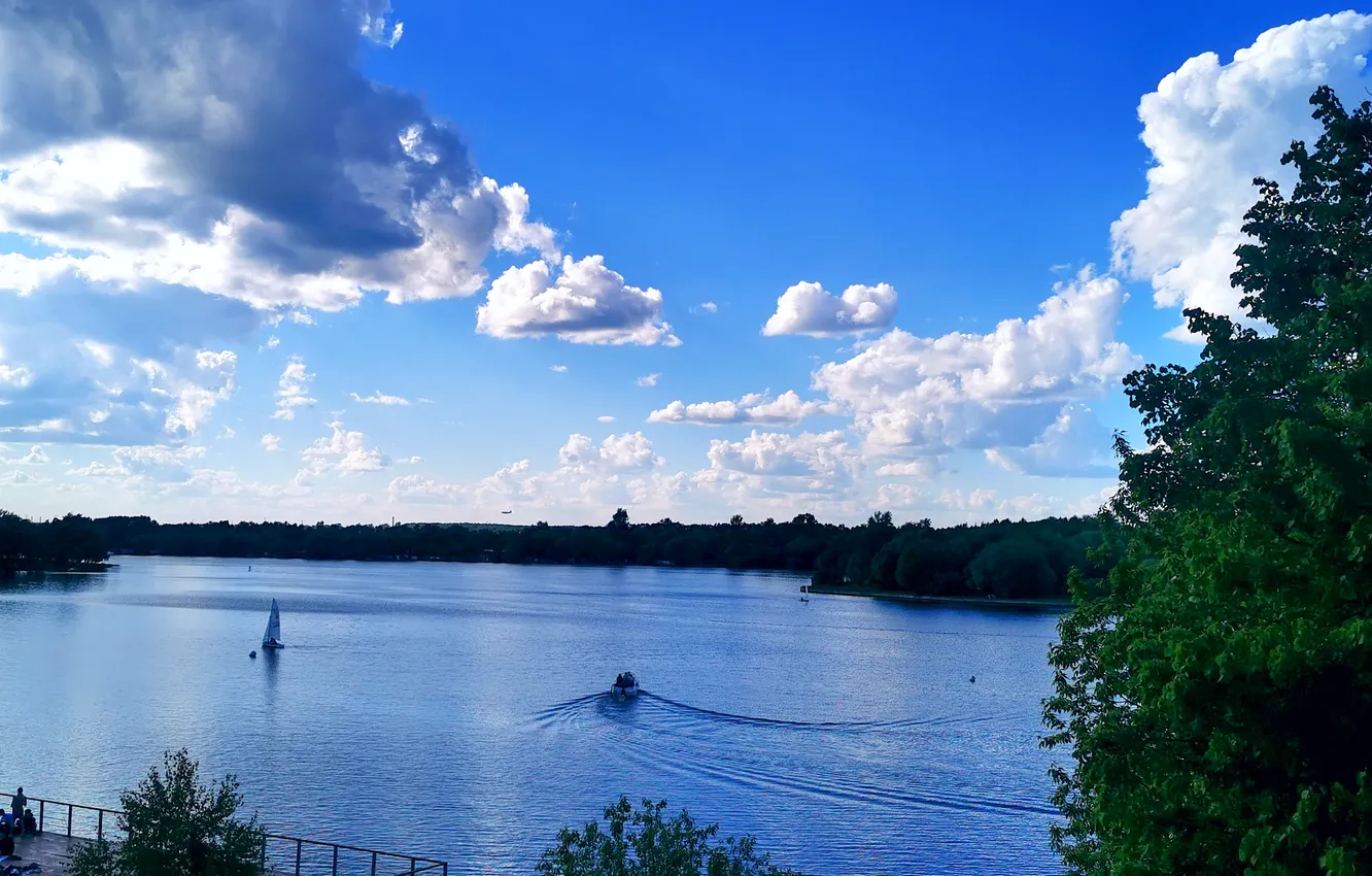Photo wallpaper the sky, clouds, trees, nature, lake, people, boat, Artem