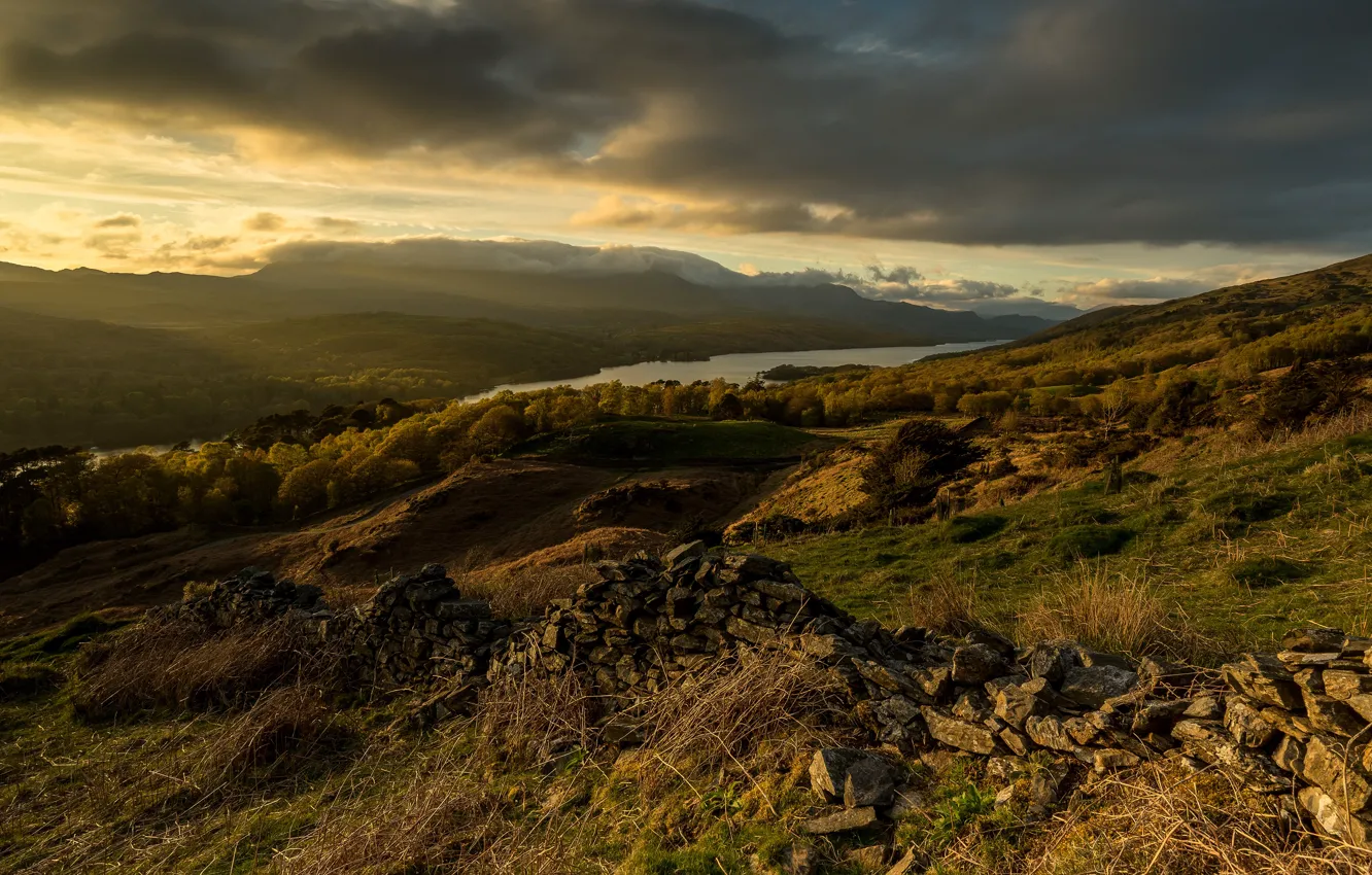 Photo wallpaper autumn, forest, the sky, clouds, landscape, mountains, clouds, nature