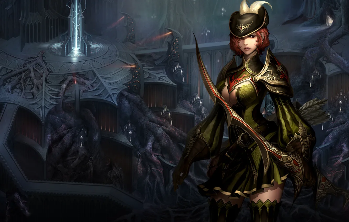 Photo wallpaper roots, the portal, bow, Archer, hat, arrows, skirt, quiver