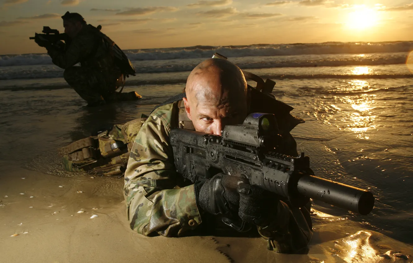 Photo wallpaper gun, soldiers, bald, machine, muffler, machine gun, the flash Hider