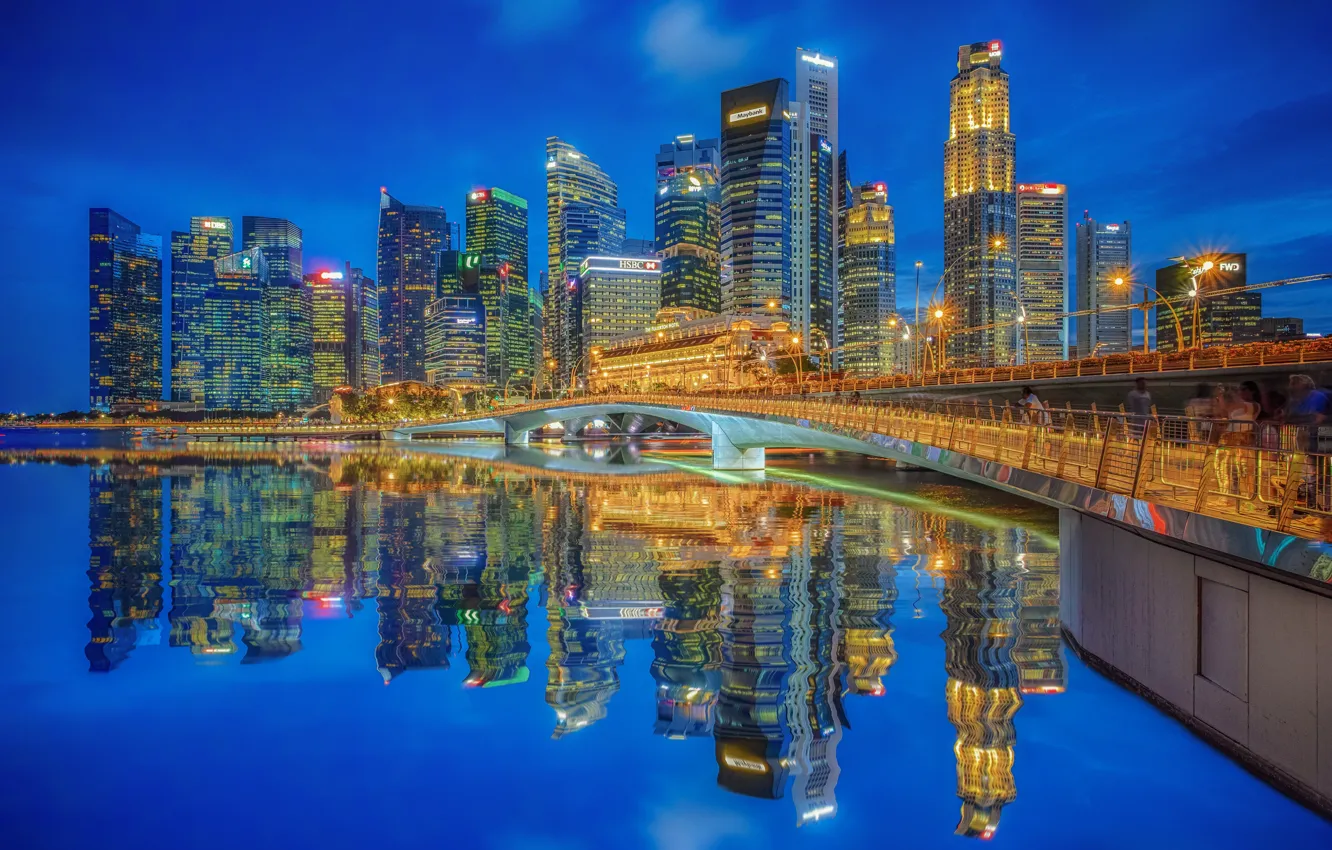 Photo wallpaper bridge, reflection, building, home, Bay, Singapore, night city, skyscrapers