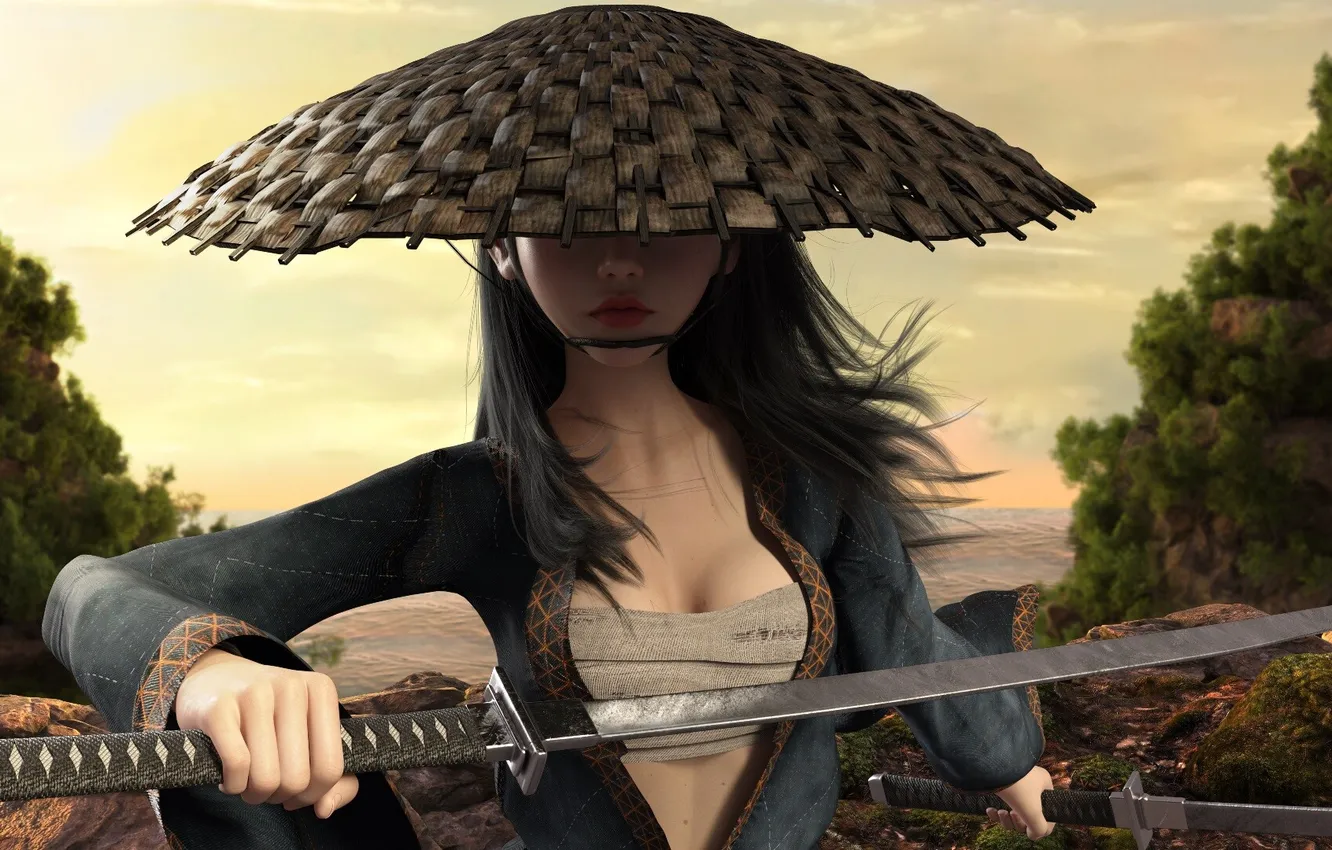 Photo wallpaper girl, sword, fantasy, weapon, hat, katana, samurai, digital art