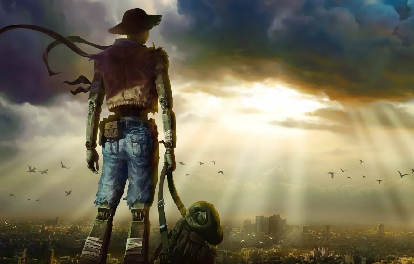 Photo wallpaper the city, fiction, robot, art, steampunk, cyborg, cyborg, Steampunk