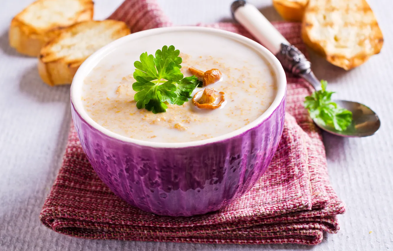 Photo wallpaper mushrooms, spoon, soup