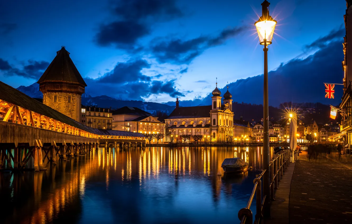 Photo wallpaper bridge, river, building, home, Switzerland, lights, Church, night city